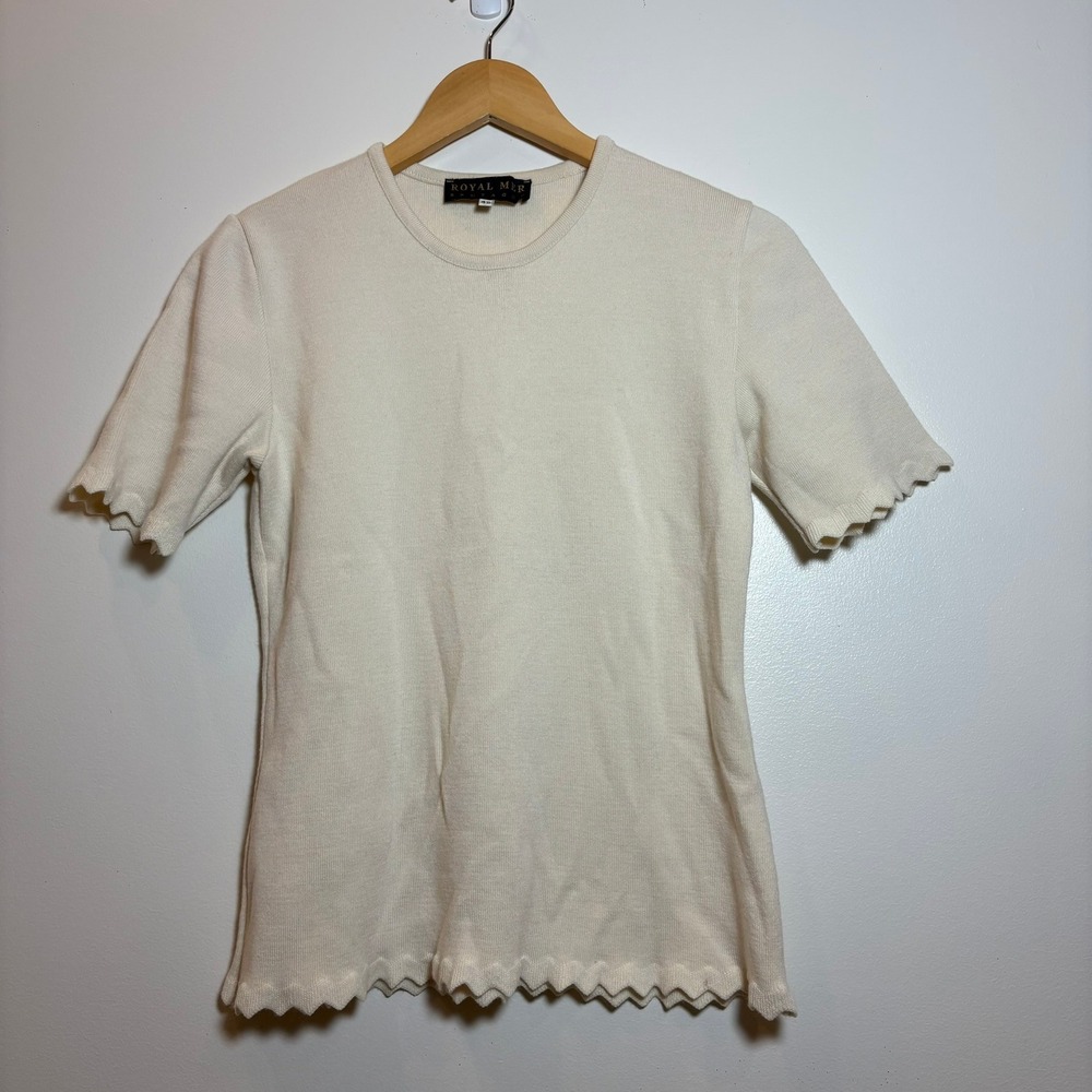 Royal Mer Bretagne Cream Ribbed Knit Top Lettuce Hem Short Sleeve Sz 42 Y2K READ